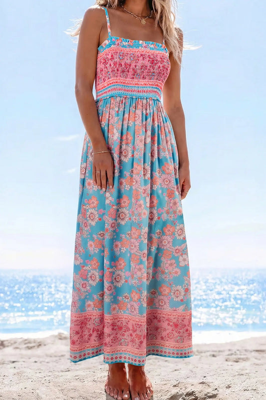 Sky Blue Bohemian Ethnic Print Spaghetti Straps Vacation Maxi Dress Nataliz