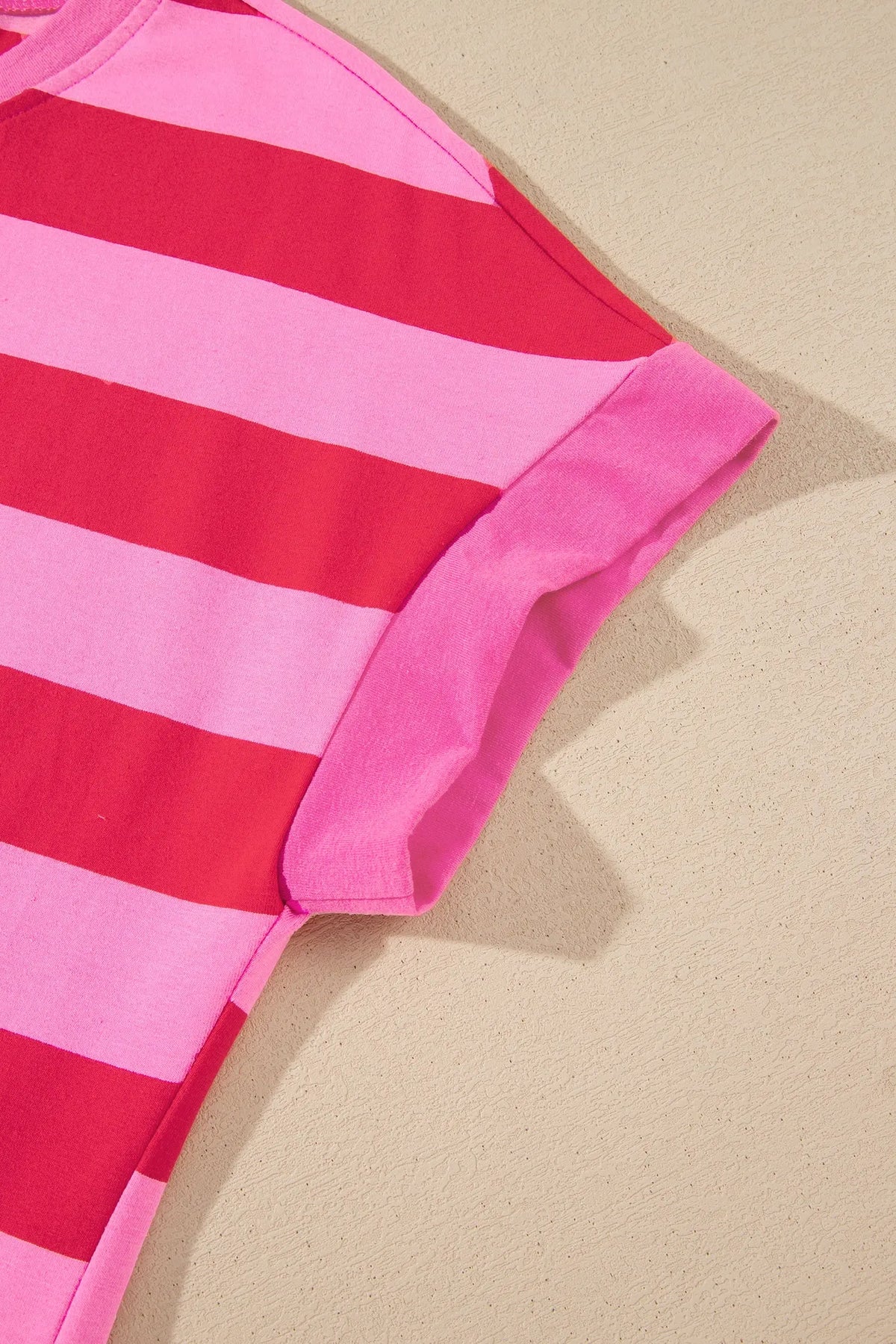 Rose Stripe Cuffed Short Sleeve Pocketed Casual T Shirt Long Dress cuffed sleeve detail view · nz-alt-v1