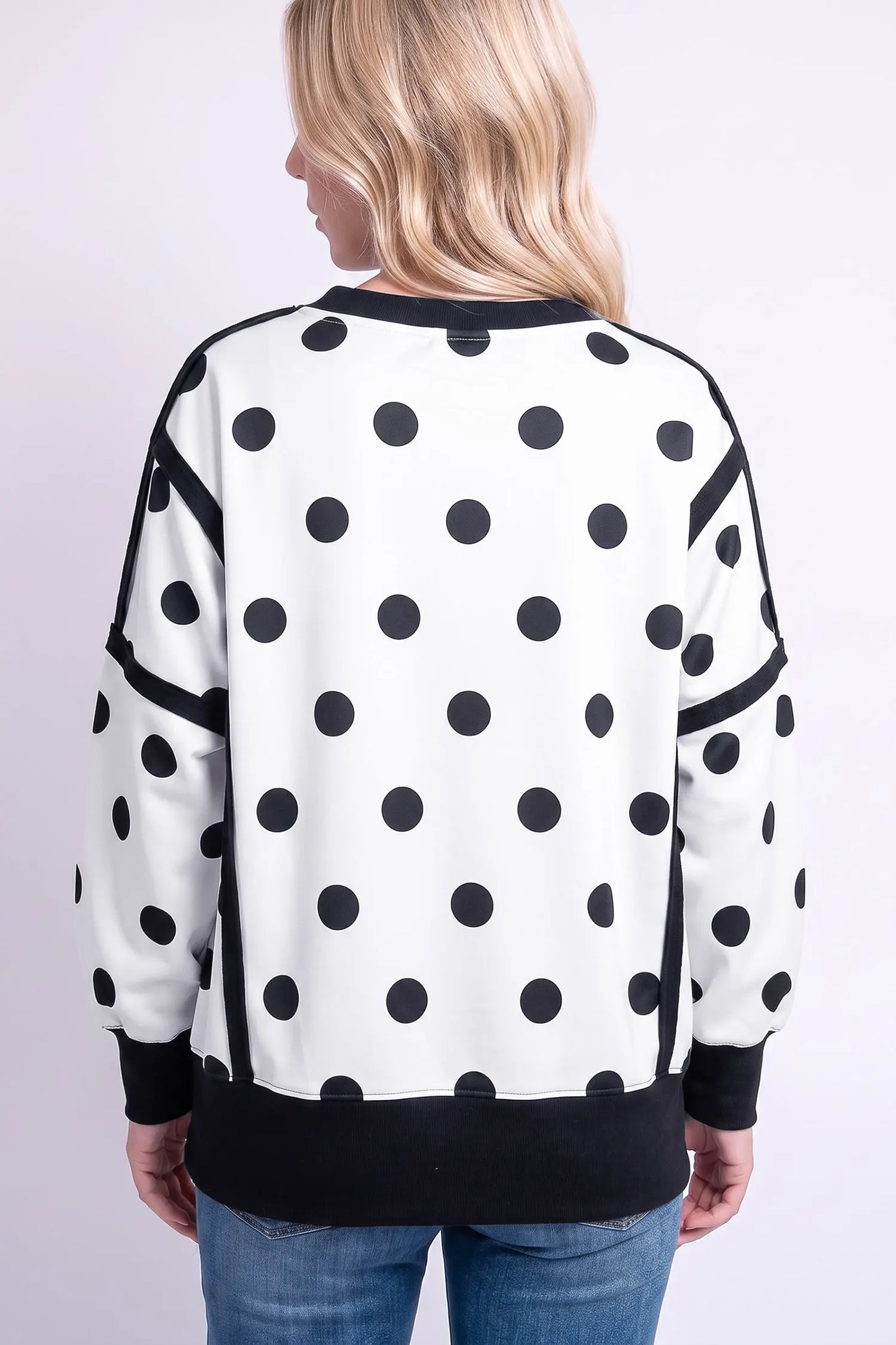 White Polka Dot Contrast Patchwork Round Neck Baggy Sweatshirt