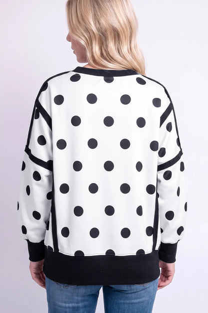 White Polka Dot Contrast Patchwork Round Neck Baggy Sweatshirt