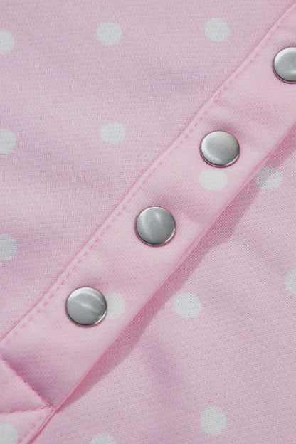 Pink Polka Dot Print Metal Button Collar Casual Pullover Sweatshirt