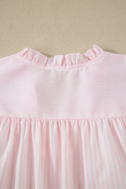 Pink Stripe Contrast Trim V Neck Flutter Sleeve Blouse - Blouses & Shirts