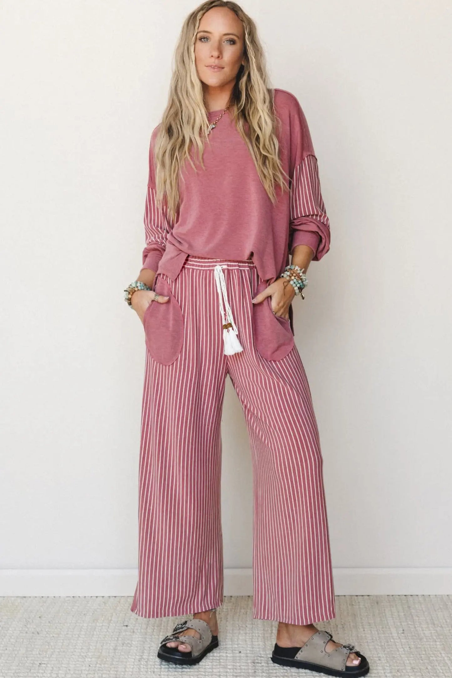 Green Bay Raw Seam Patchwork Long Sleeve Top Pocket Casual Pants 2pcs Set
