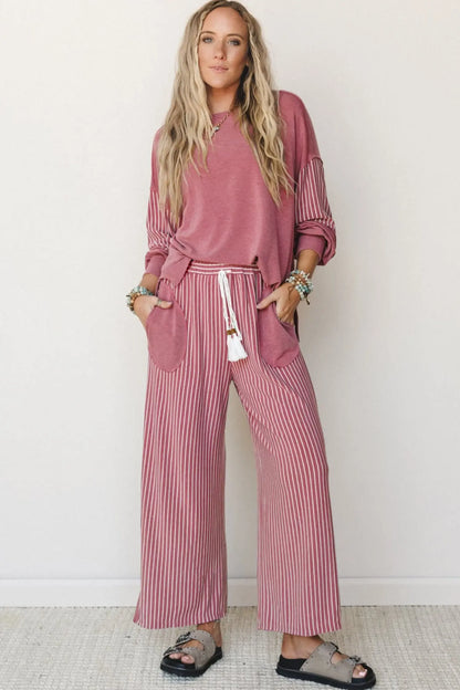 Green Bay Raw Seam Patchwork Long Sleeve Top Pocket Casual Pants 2pcs Set