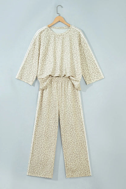 Apricot Leopard Print Varsity Striped Detail 3/4 Sleeve Top Shift Pant Set