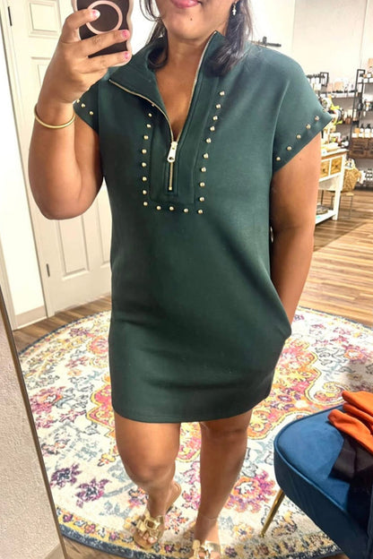Evergreen Plus Size Glow Studded Zip up T Shirt Dress with Pockets - Evergreen / 1X / 50% Polyester + 43% Viscose + 7%