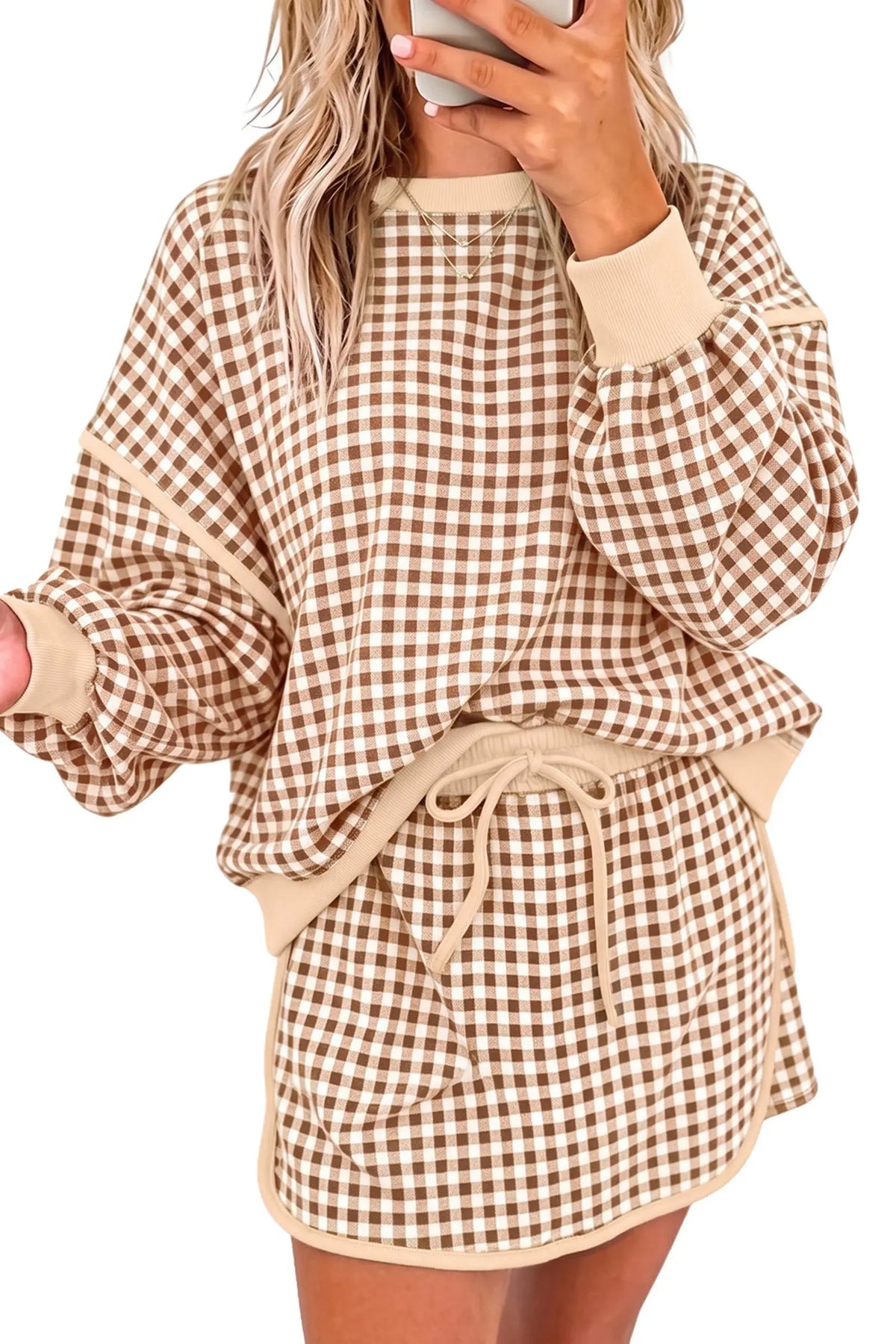 Red Gingham Oversized Ribbed Trim Crew Neck Long Sleeve Top and Skort Set