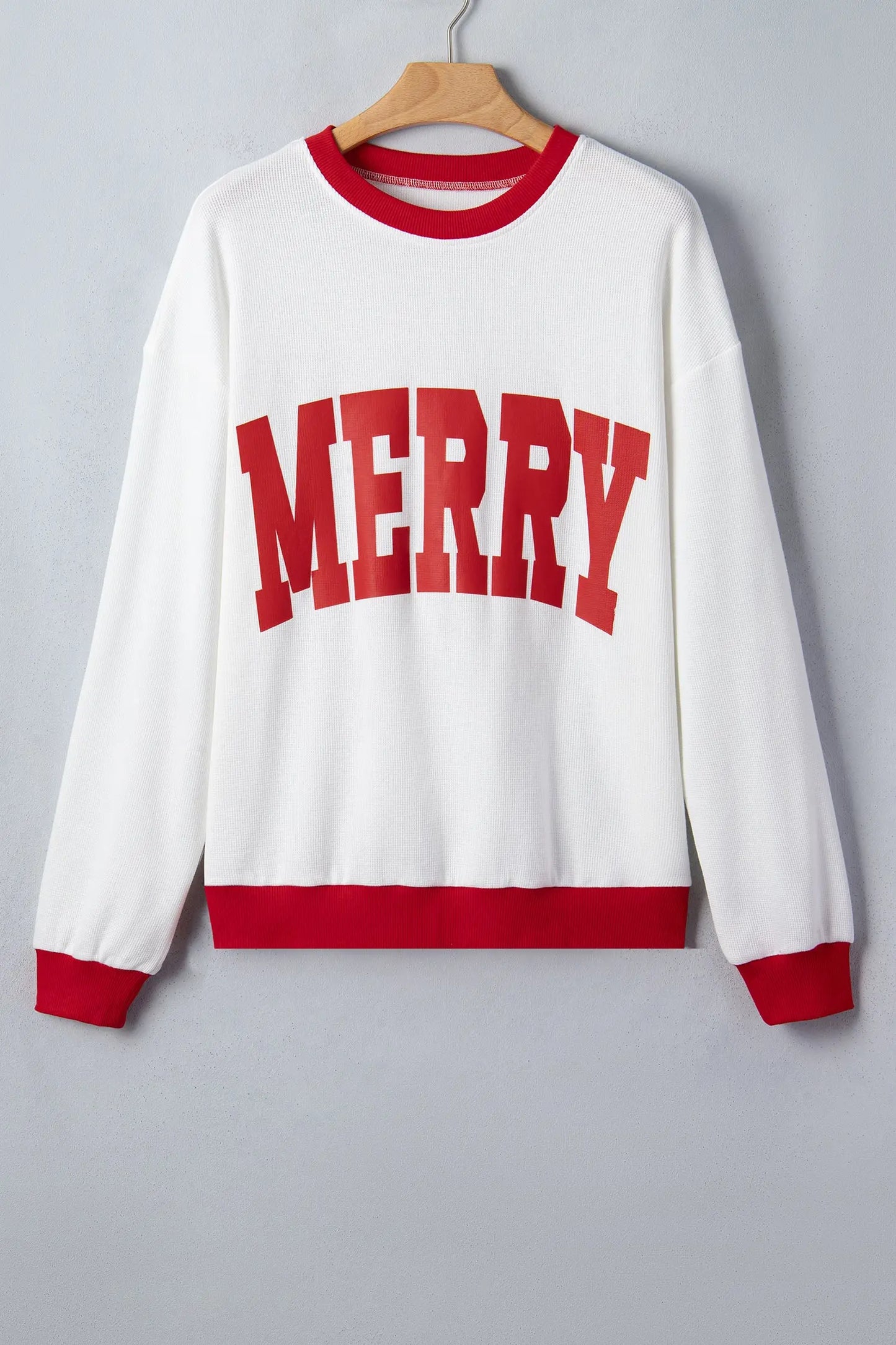 Beige Color Block Trim Merry Slogan Pullover Sweatshirt