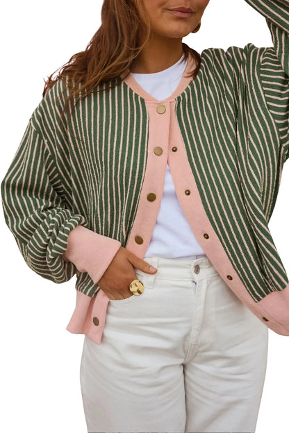 Green Stripe Striped V Neck Patchwork Long Sleeve Regular Fit Cardigan