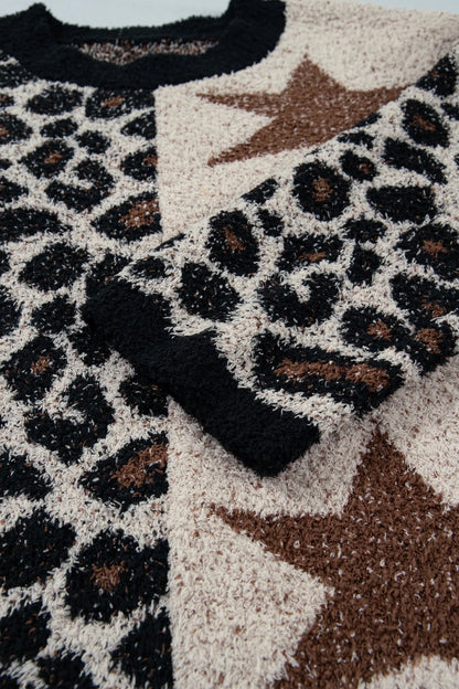 Smoke Gray Leopard Star Pattern Round Neck Long Sleeve Shift Sweater