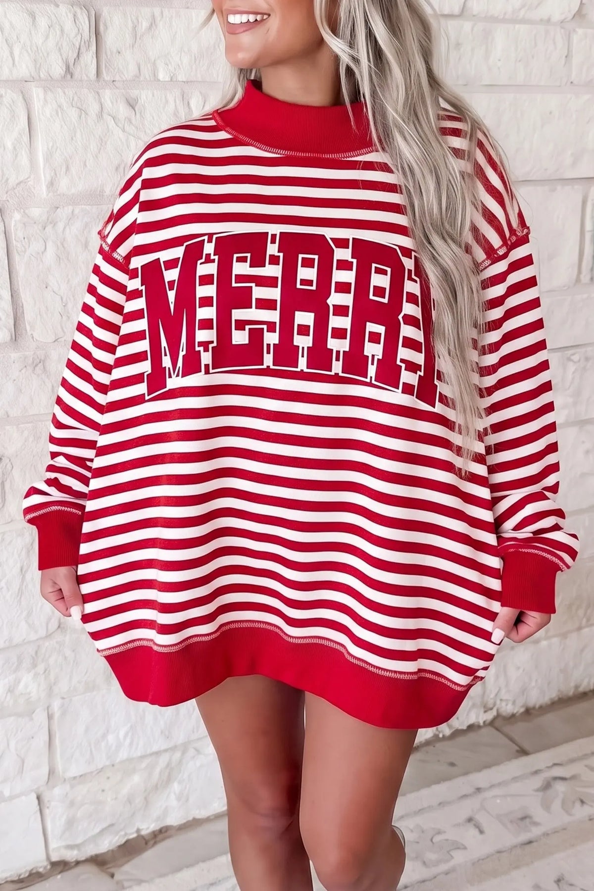 Stripe Christmas Slogan Embroidery Patched Mock Neck Oversized Sweatshirt