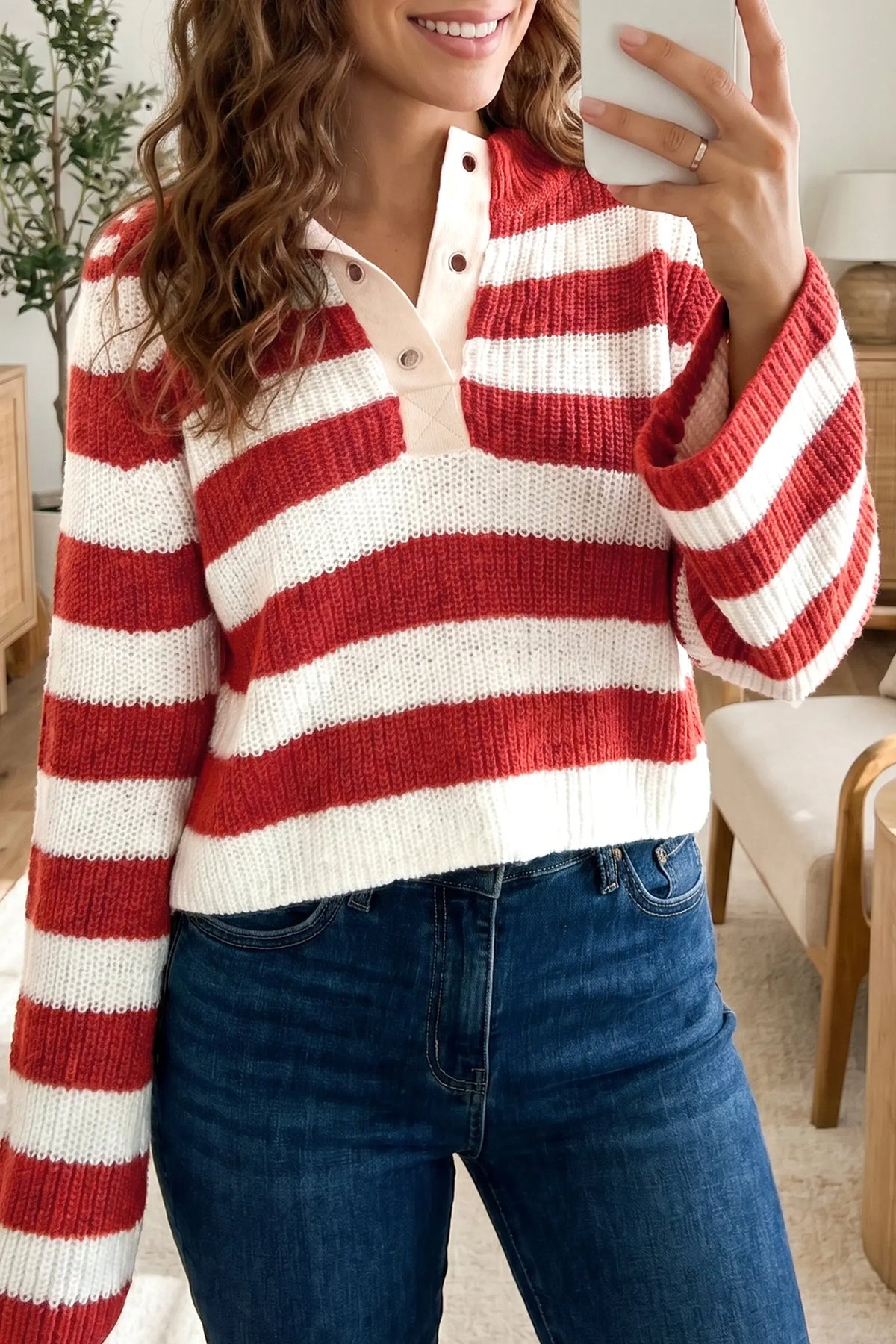 Red Stripe Striped Colorblock V Neck Long Sleeve Shift Sweater model front view · nz-alt-v1