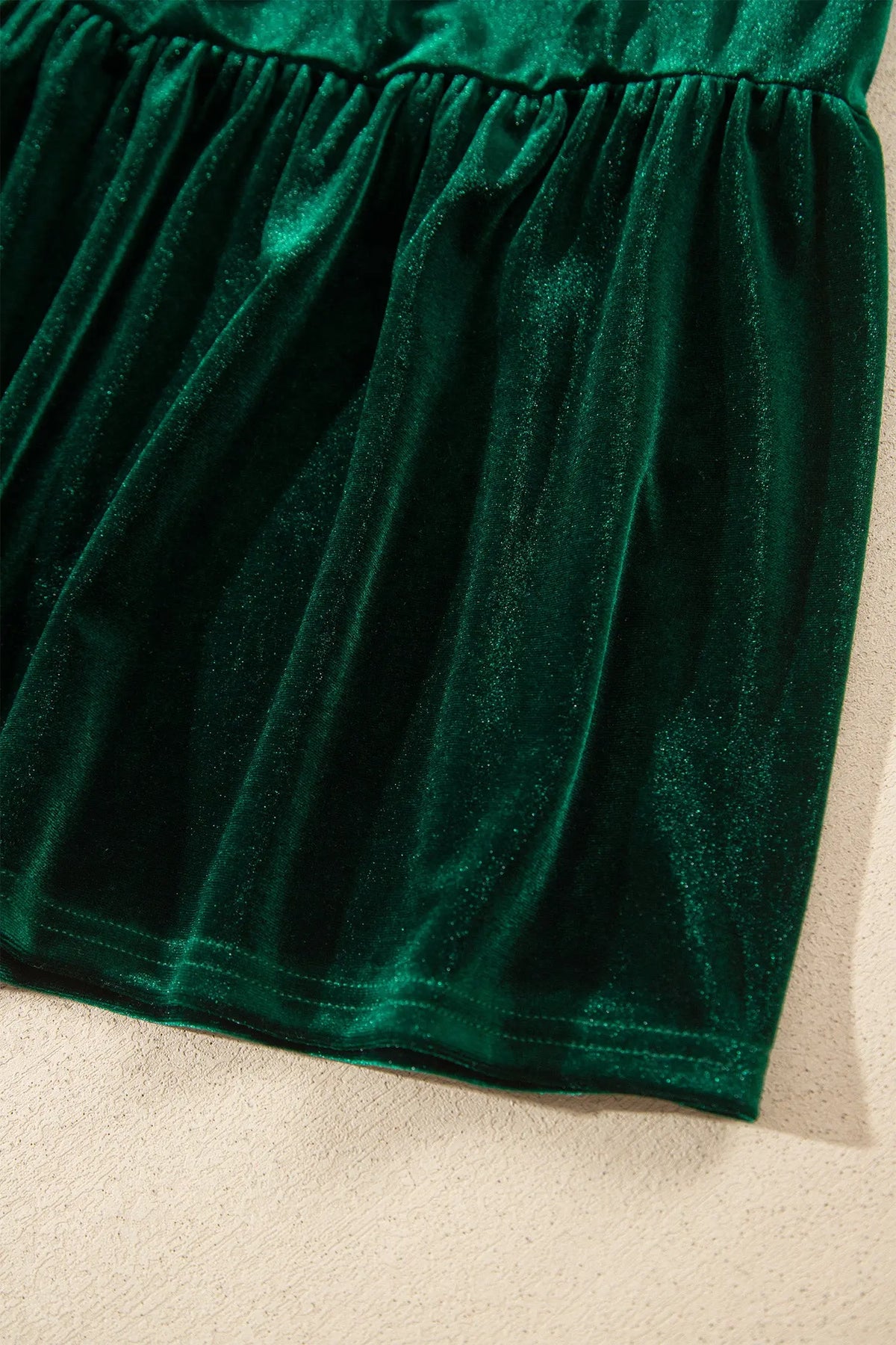Blackish Green Velvet Short Sleeve Shirred Waist Tiered Plus Size Maxi Dress