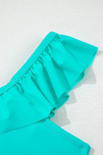 Sea Green Solid Ruffled Square Neck Swim Top and Floral Shorts Bikini Set