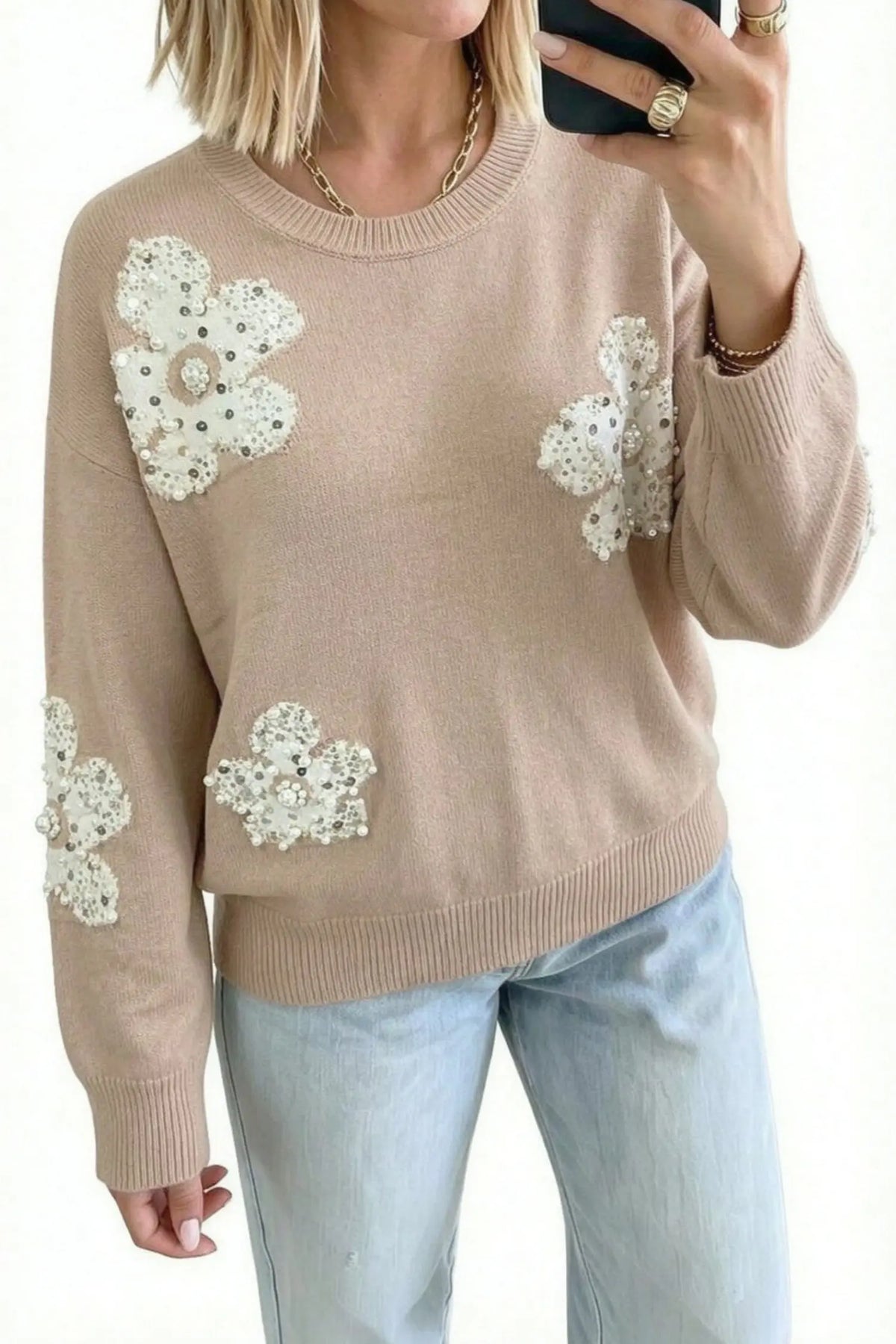 Smoke Gray Beaded Floral Patchwork Ribbed Trim Round Neck Sweater model front view · nz-alt-v1