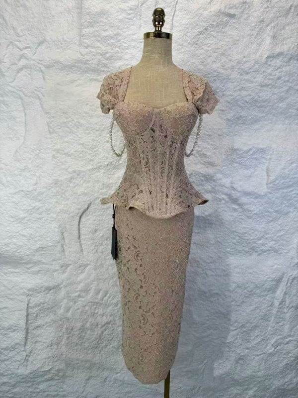 Lace Corset Peplum Top and Midi Skirt Two-Piece Set mannequin view · nz-alt-v1