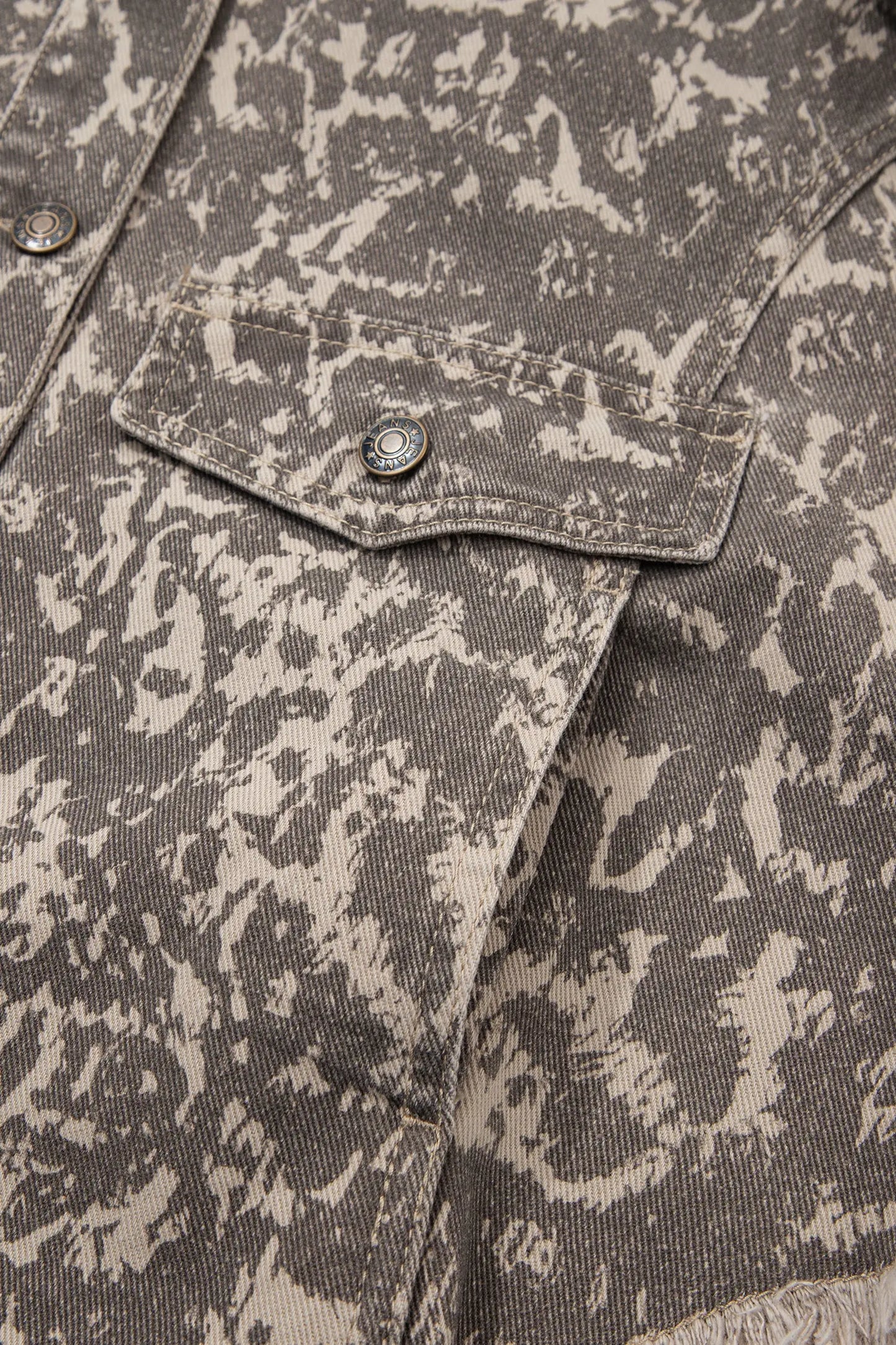 Khaki Abstract Print Long Sleeve Collar Raw Hem Denim Jacket