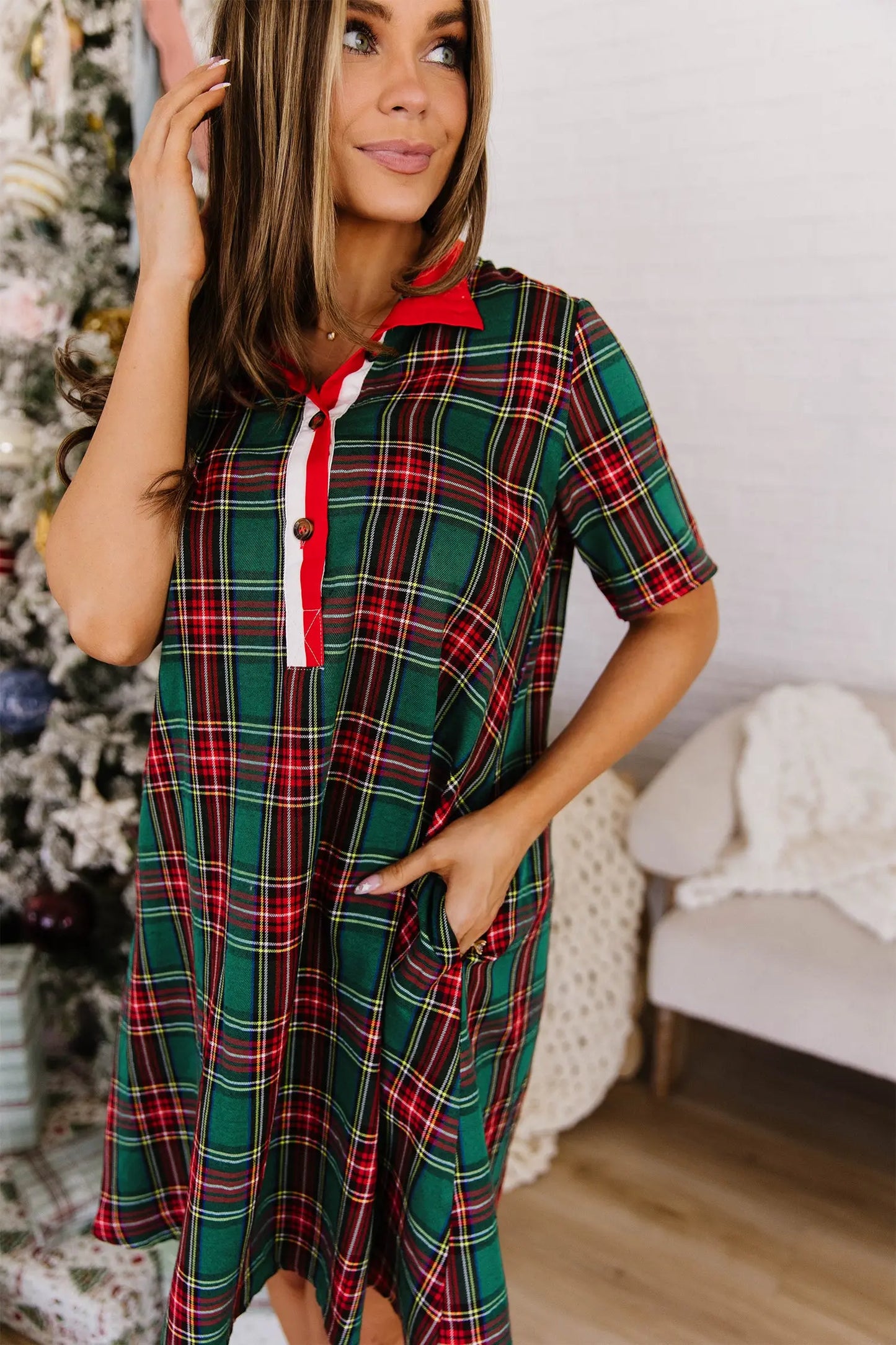Green Plaid Button Front Short Sleeve Shift Dress