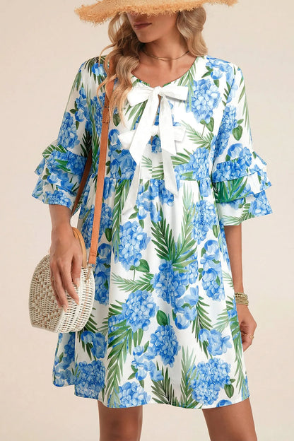 Sky Blue Palm Floral Print Contrast Ribbon Knot Ruffle Tiered Sleeve Mini Dress - Sky Blue / S / 100% Polyester