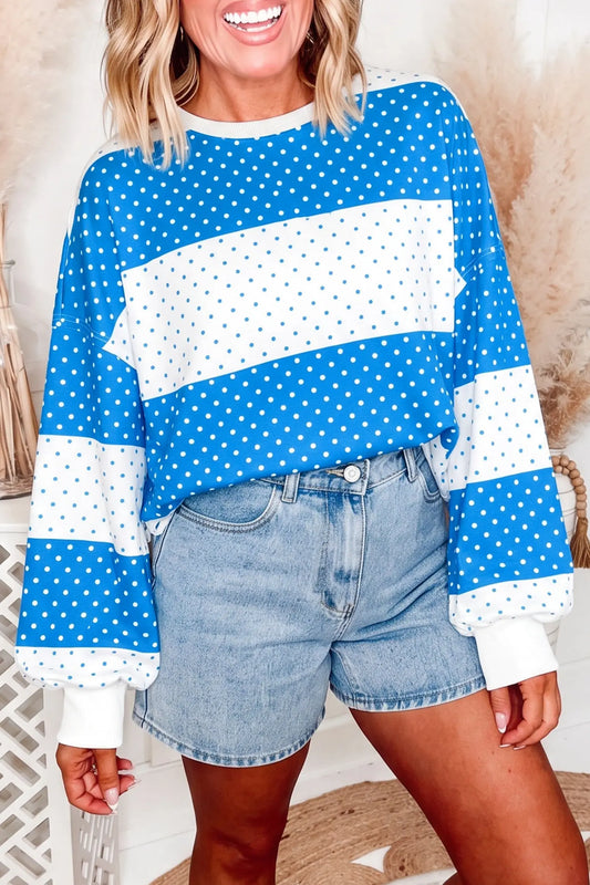 Blue Polka Dot Patchwork Colorblock Long Sleeve Top model front view · nz-alt-v1
