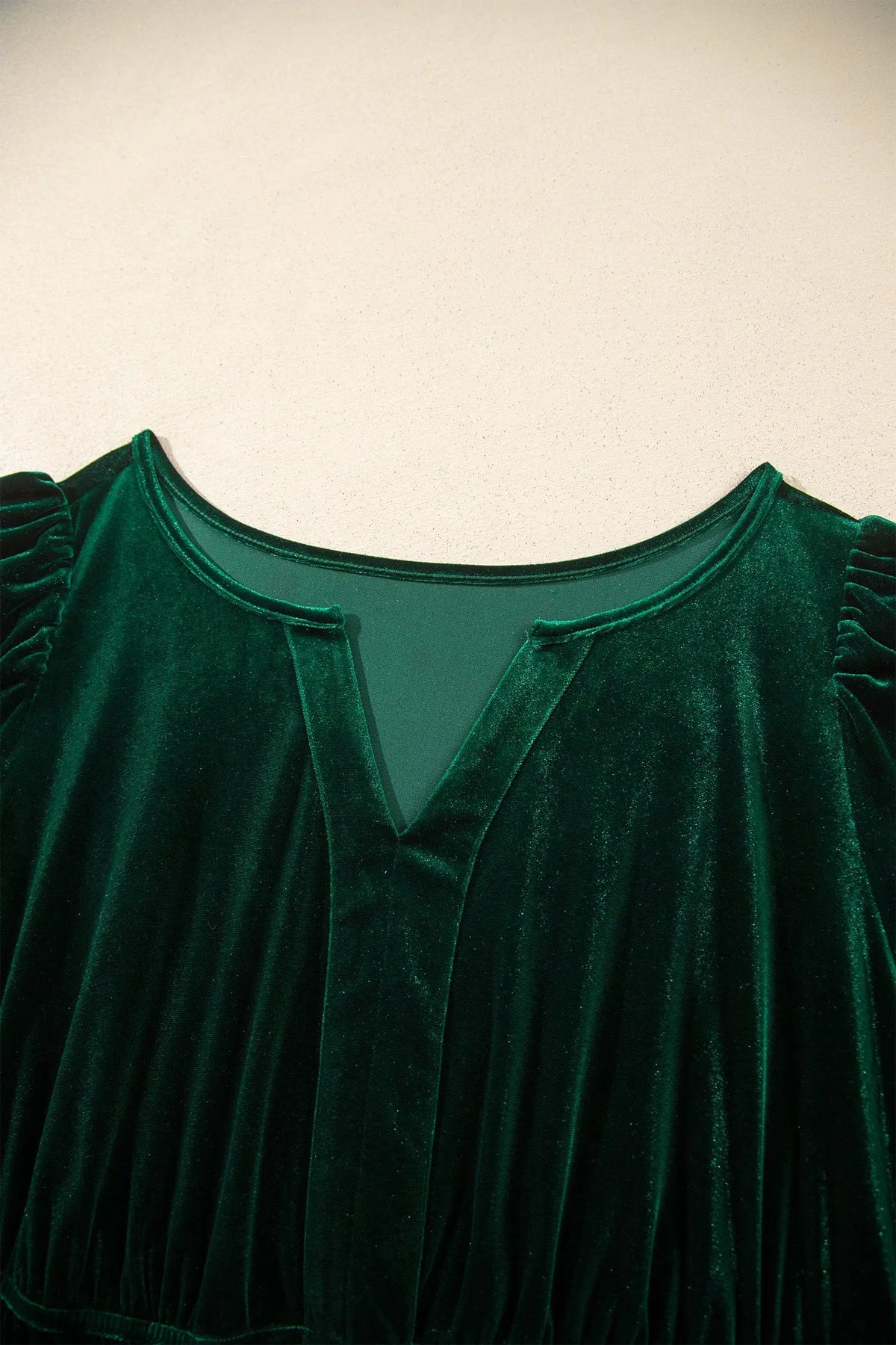 Blackish Green Velvet Short Sleeve Shirred Waist Tiered Plus Size Maxi Dress