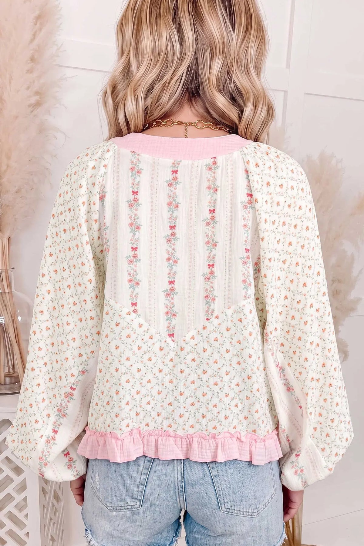 Beige Floral Print Lace-up V Neck Long Sleeve Blouse model back view · nz-alt-v1