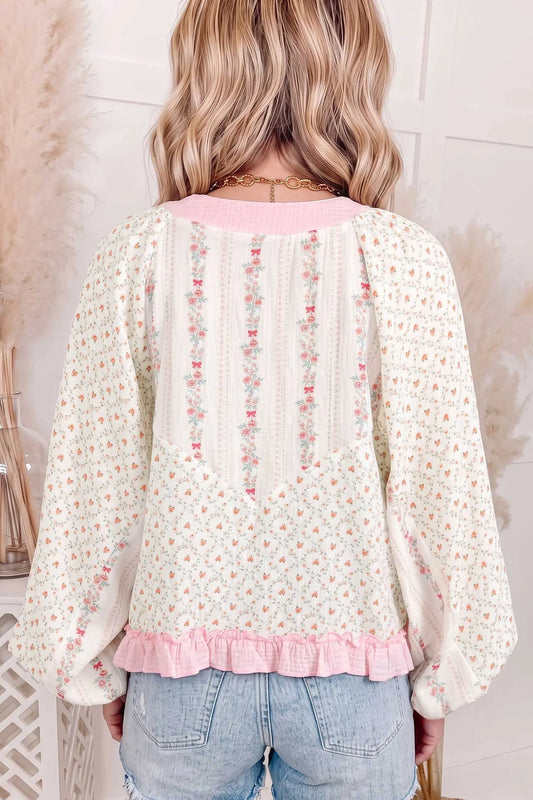 Beige Floral Print Lace-up V Neck Long Sleeve Blouse model back view · nz-alt-v1