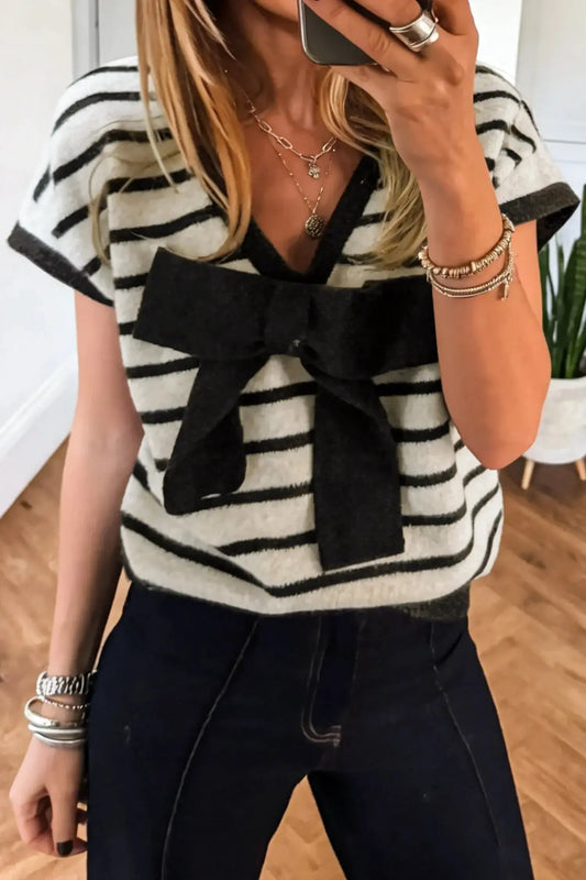 Black Stripe Bow Applique Short Sleeve Sweater Dear-Lover Dropshipping