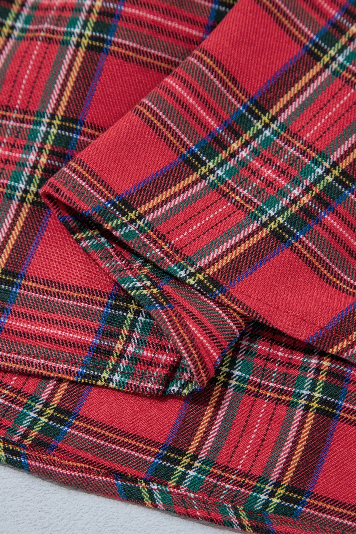 Red plaid v neck collar cuff shift dress detail view · nz-alt-v1