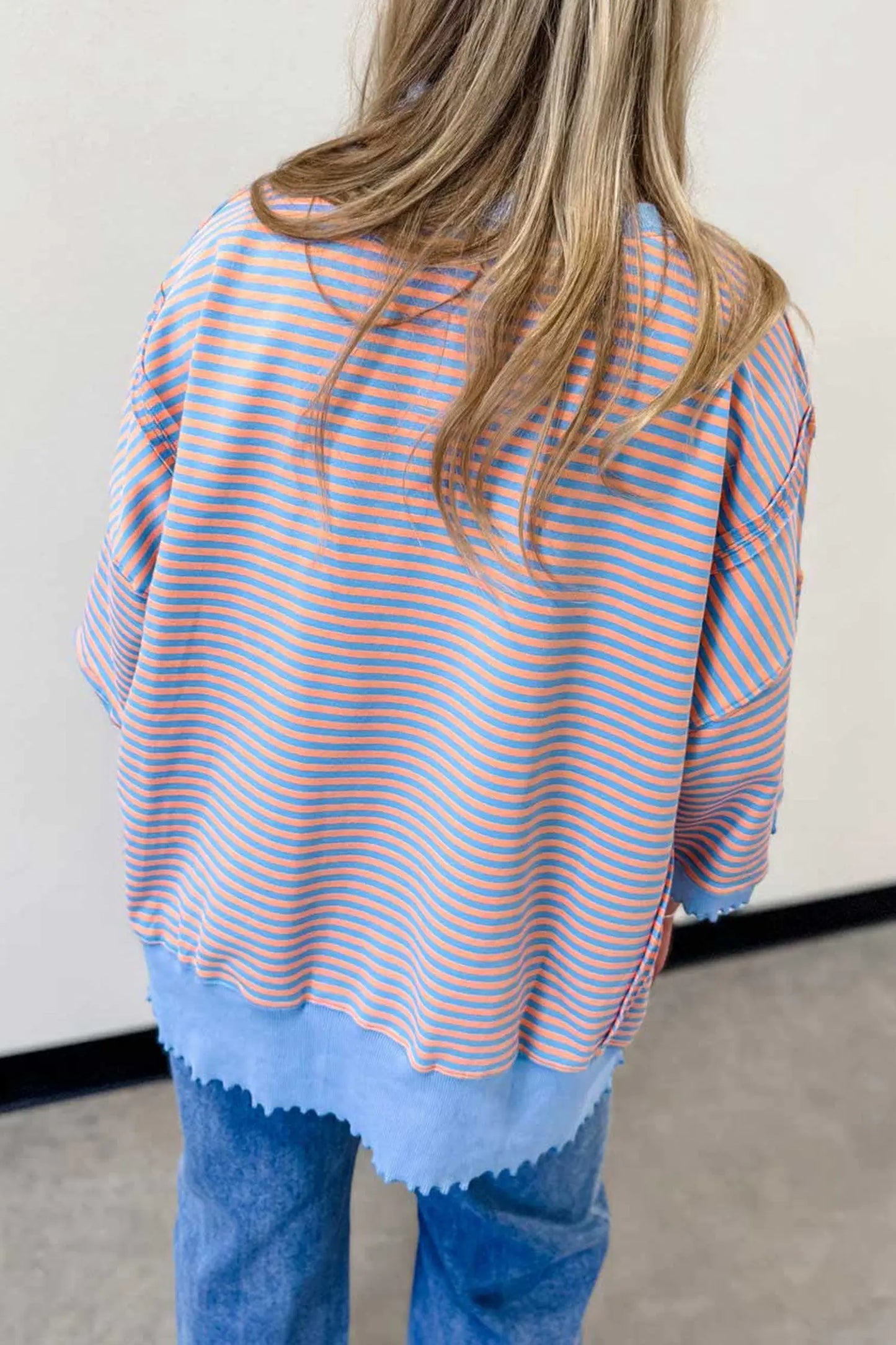 Sky Blue Stripe Colorblock Scalloped Trim Loose 3/4 Sleeve Top