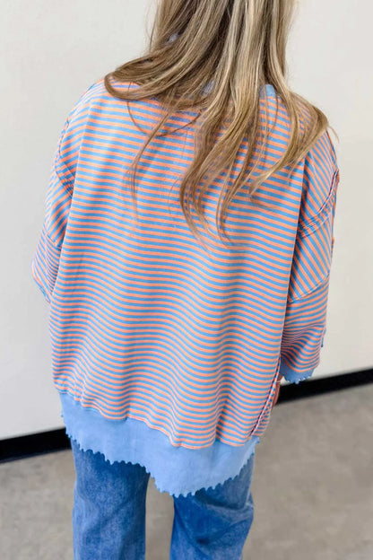 Sky Blue Stripe Colorblock Scalloped Trim Loose 3/4 Sleeve Top