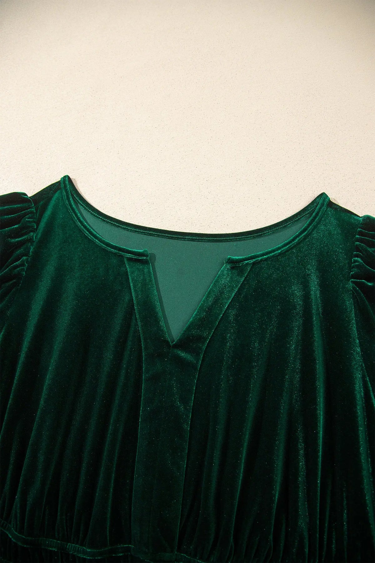 Blackish Green Velvet Short Sleeve Shirred Waist Tiered Plus Size Maxi Dress