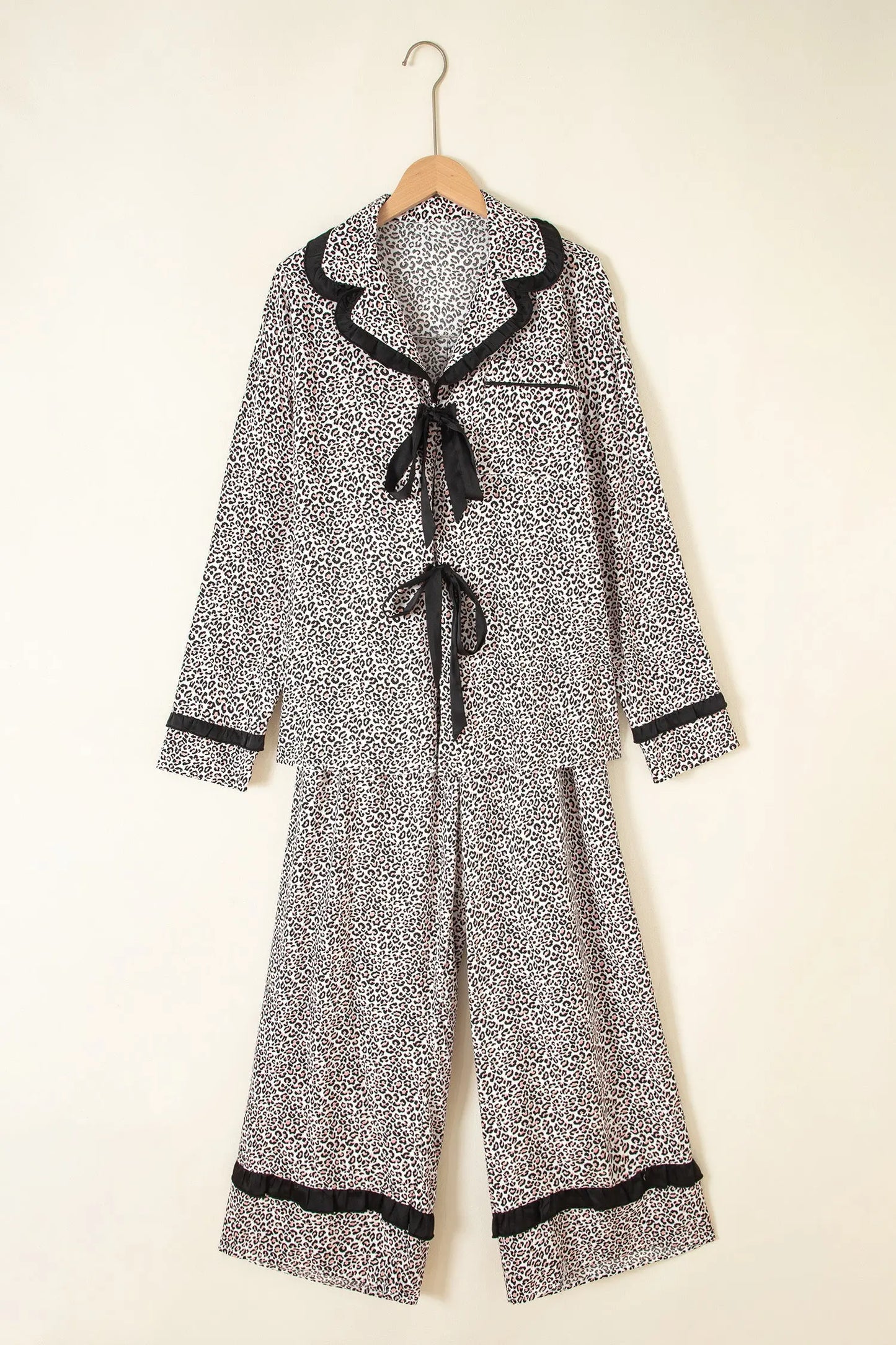 Brown Leopard Print Bow Knot Patchwork Long Sleeve Lounge Set