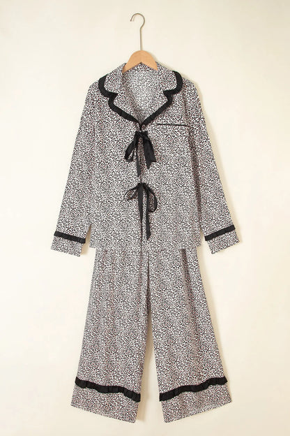 Brown Leopard Print Bow Knot Patchwork Long Sleeve Lounge Set