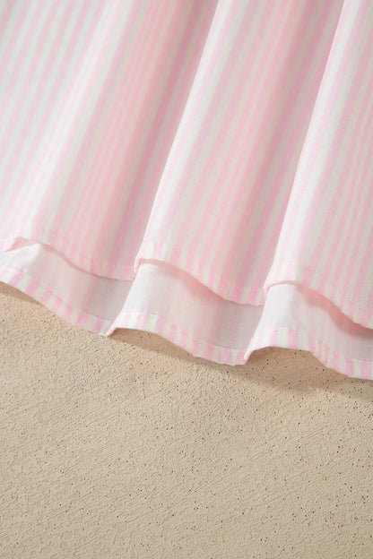 Pink Stripe Contrast Trim V Neck Flutter Sleeve Blouse - Blouses & Shirts