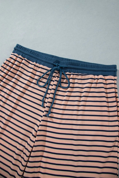Pink Stripe Striped Colorblock V Neck Long Sleeve Plus Size Set