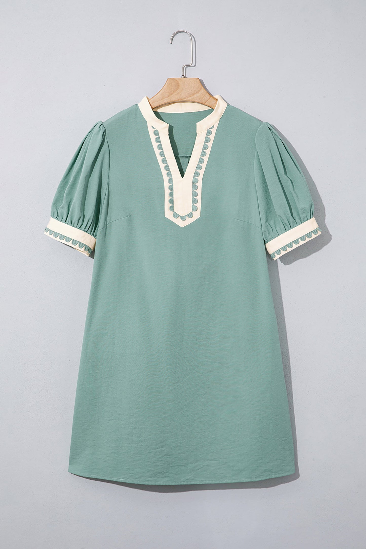 Canton Scallop Color Block Trim Puff Sleeve Mini Dress - Casual Dresses