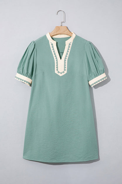Canton Scallop Color Block Trim Puff Sleeve Mini Dress - Casual Dresses