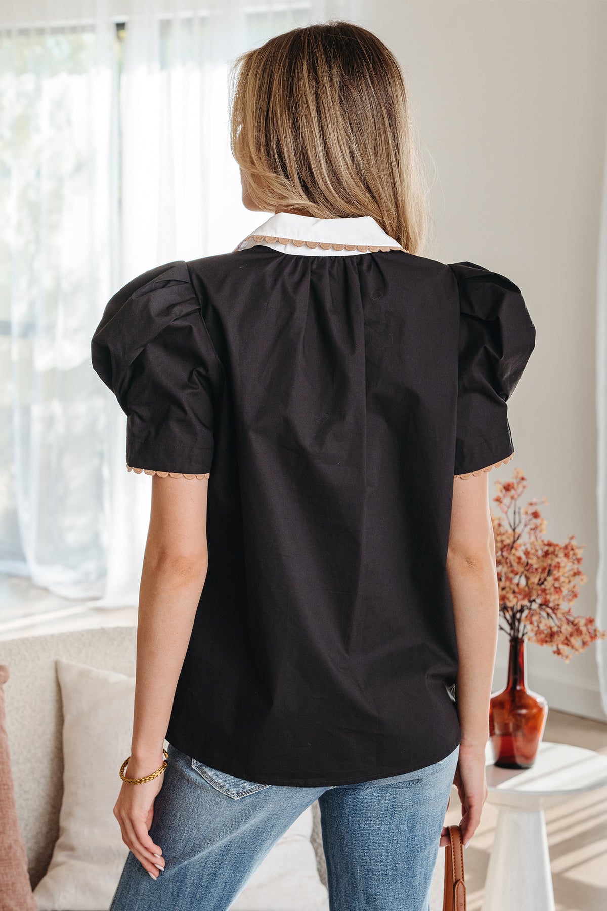 Cotton Black Ricrac Trim Color Block Patchwork Shirt Collar Short Sleeve Blouse