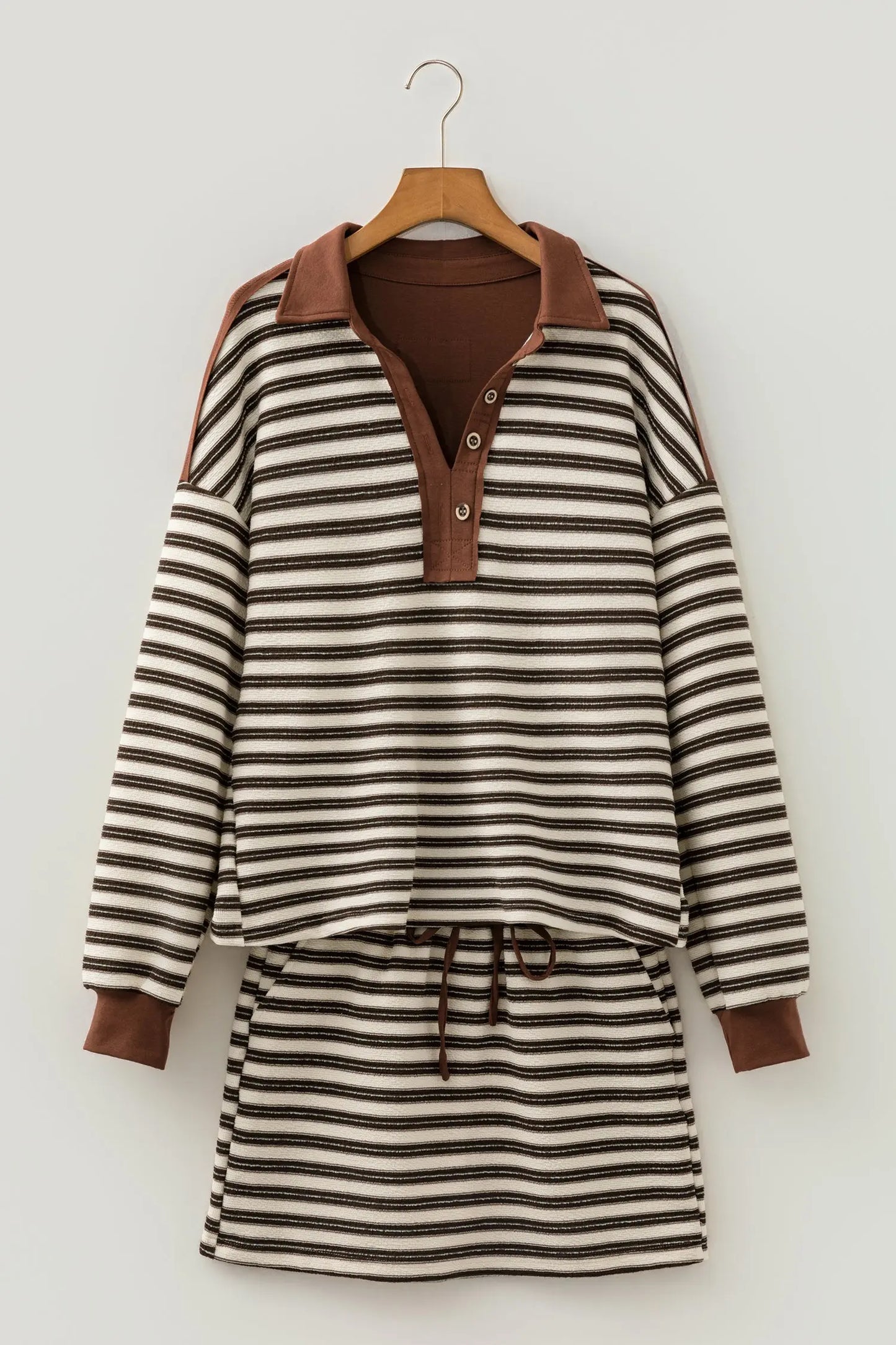 Brown Stripe Contrast Trim Button Neck Long Sleeve Top Drawstring Mini Skirt Set