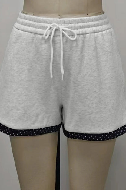 Light Grey Polka Dot Patchwork Mock Neck Pullover Casual Shorts Set