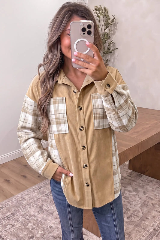 Light French Beige Plaid Colorblock Shirt Collar Shift Shacket