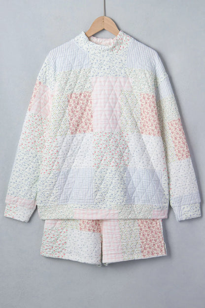 Multicolour Floral Quilted Mock Neck Top and Short Set