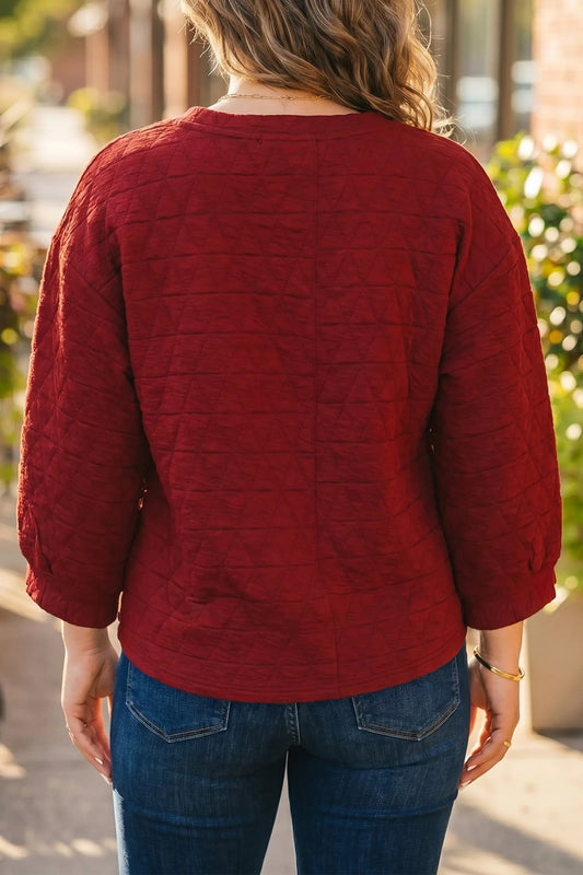 Racing Red Solid Round Neck Tunic Adjustable Cuffs Shift Plus Size Blouse model back view · nz-alt-v1