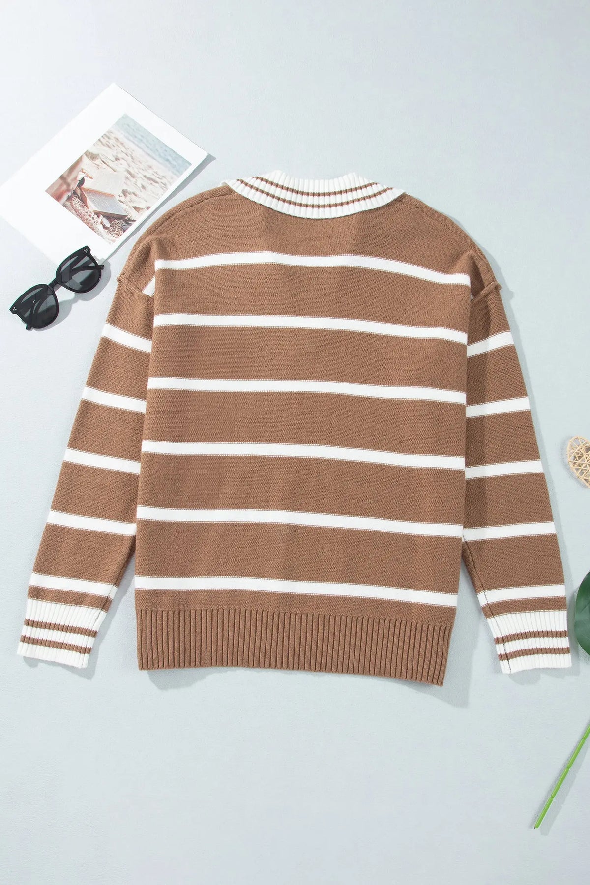 Brown Stripe Striped V Neck Long Sleeve Shift Plus Size Sweater