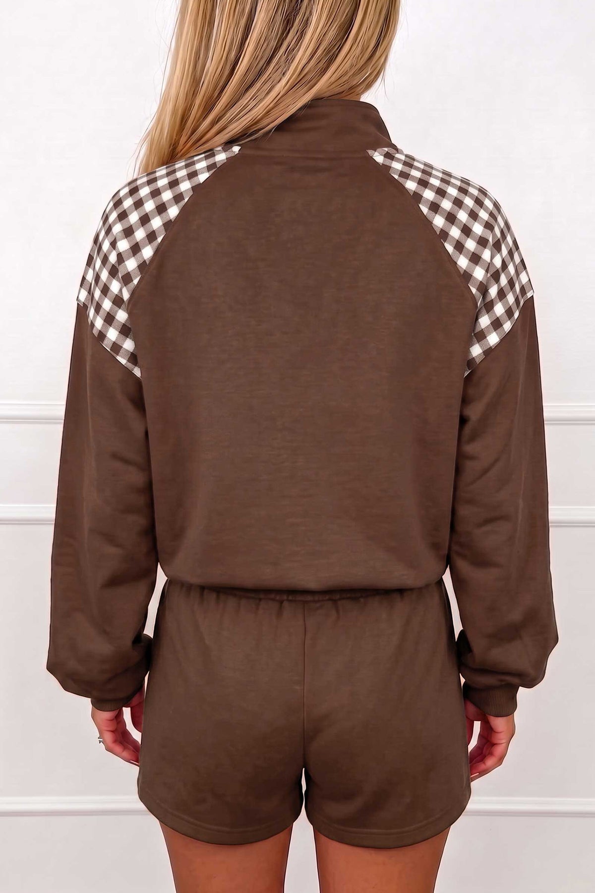 Plaid Patchwork Half Zip Pullover Drawstring Short Set