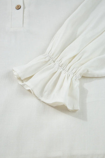 White Ruffle Elastic Cuffs Puffy Long Sleeve Button Down Shirt