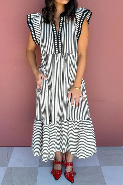 Black Stripe Plus Size Slit V Neck Tiered Flutter Sleeve Maxi Dress Nataliz
