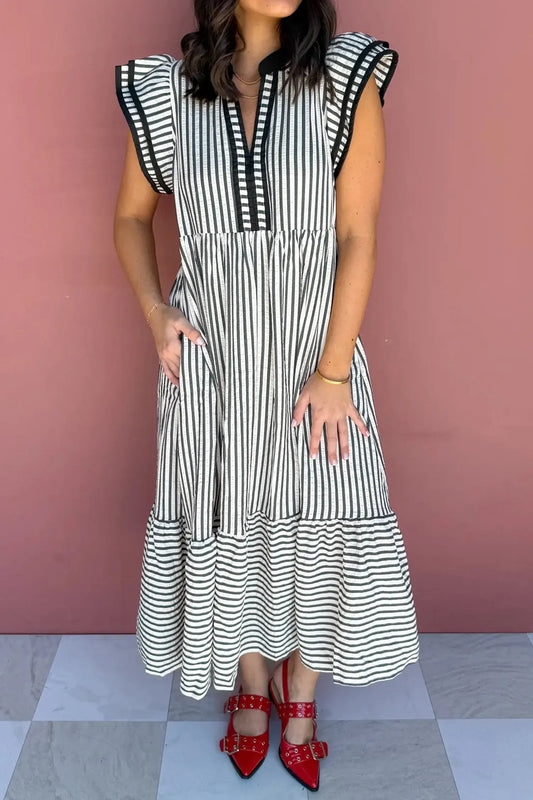 Black Stripe Plus Size Slit V Neck Tiered Flutter Sleeve Maxi Dress Nataliz
