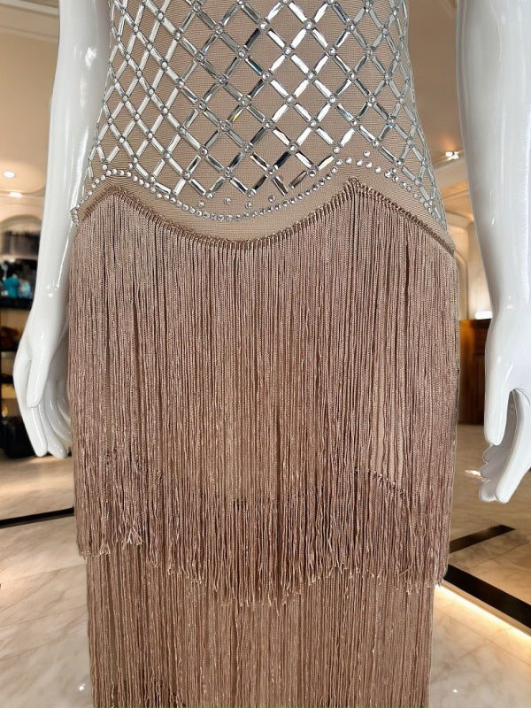 Embellished Strapless Tiered Fringe Maxi Dress detail view · nz-bg-v1